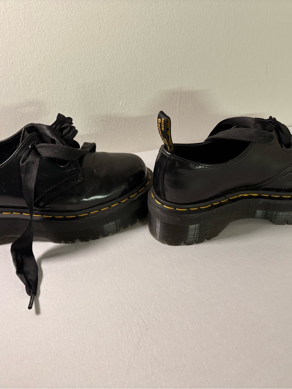Dr. Martens Black Leather Platform Shoes with Yellow Stitching - Picture 2 of 9